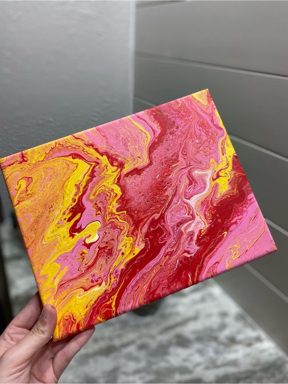 Hand Crafted Abstract Painting in Red, Pink, & Yellow